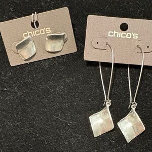 Chico's Silver Hammered Geometric Earring Set - Studs & Long Drops